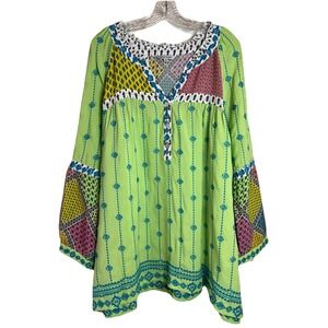NWT $139 John Mark Embroidered Woven Multi Patchwork  3X Tunic Boho Top Blouse